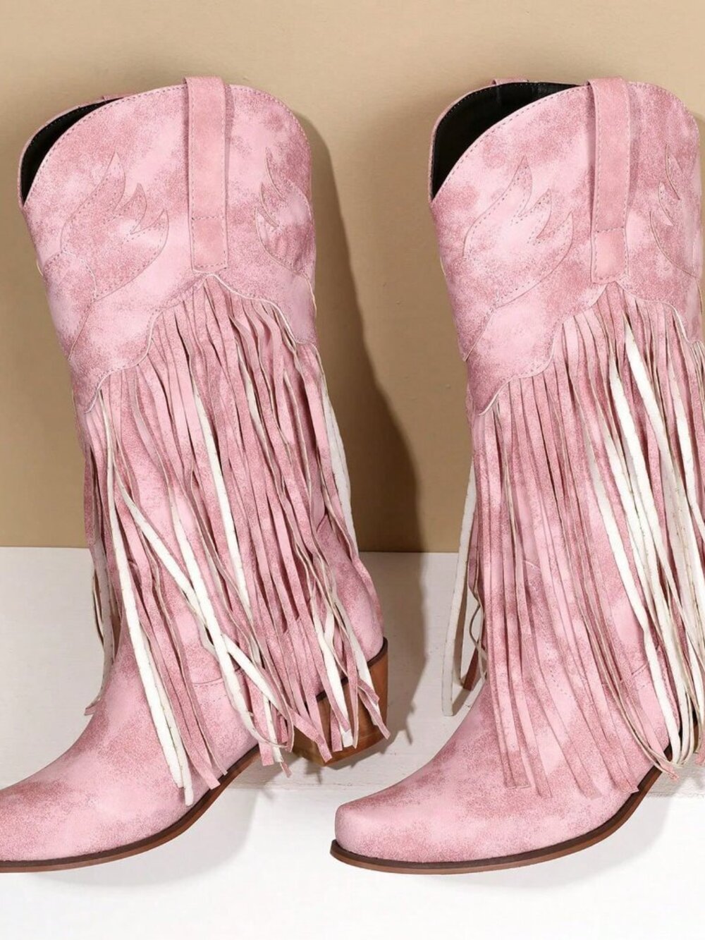 Pink Western Women's fringed detailed faux suede Cowboy Boots - Picture 8 of 9